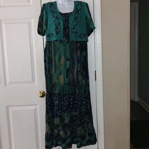 Karin Stevens vintage green dress with mock vest Sz  8 EUC